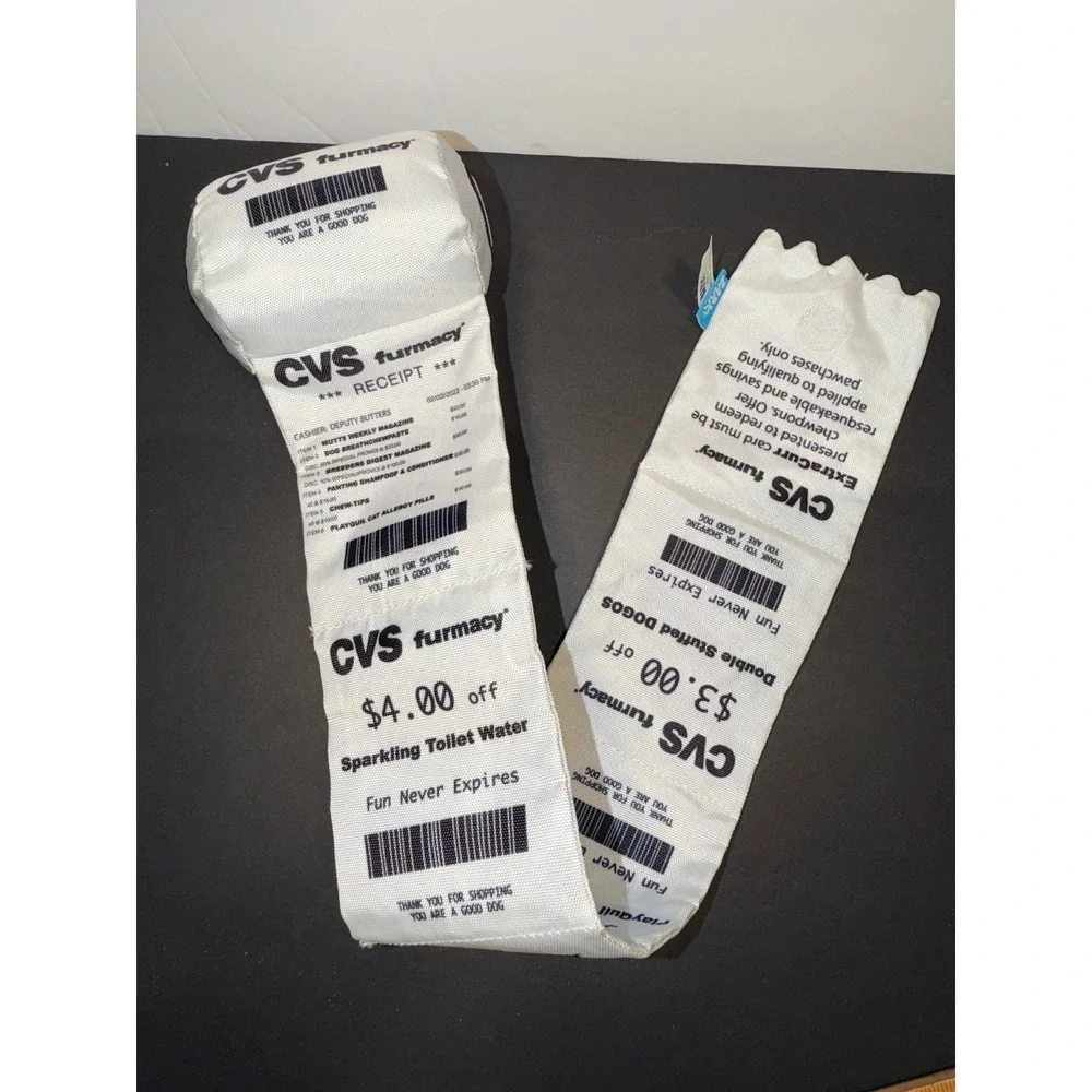 BarkBox CVS Furmacy Receipt Plush Crinkle Squeaky Dog Toy Long Interactive White